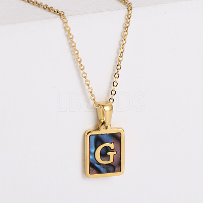 304 Stainless Steel Pave Natural Paua Shell Rectangle Initial Pendant Necklaces for Women FS-WG38E89-07-1