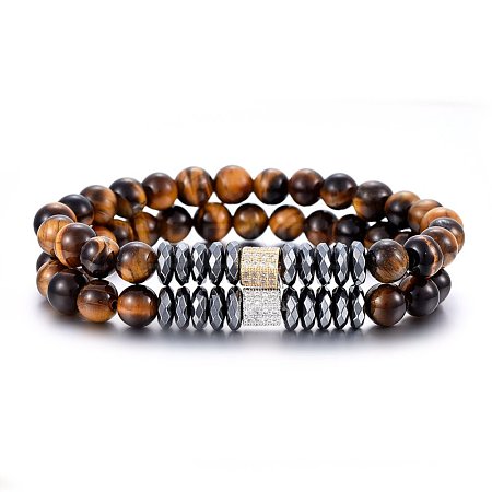 Non-magnetic Synthetic Hematite & Natural Tiger Eye Beaded Stretch Bracelets Set SJEW-H584-11-1