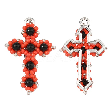 Natural Black Onyx(Dyed & Heated) & Glass Seed Beaded Pendants PALLOY-MZ01404-01-1