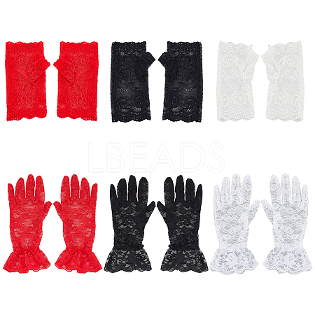6 Pairs 6 Style Flower Pattern Lace Gloves AJEW-GA0006-10-1