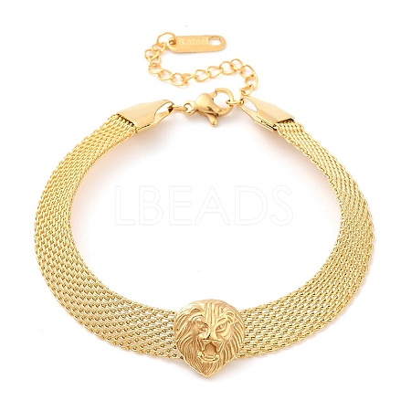 304 Stainless Steel Lion Link Bracelet with Mesh Chains BJEW-E091-01G-1