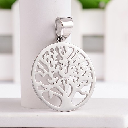 Flat Round with Tree 304 Stainless Steel Pendants STAS-O070-11P-1