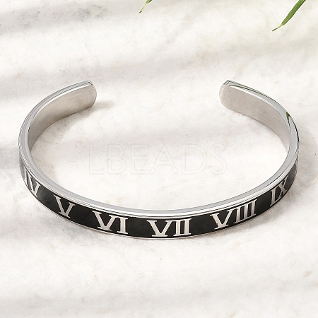 304 Stainless Steel Black Enamel Roman Numerals Open Cuff Bangles for Women SA-CBAC920-14P-1