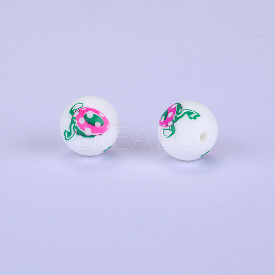Printed Round with Egg Pattern Silicone Focal Beads SI-JX0056A-148-1