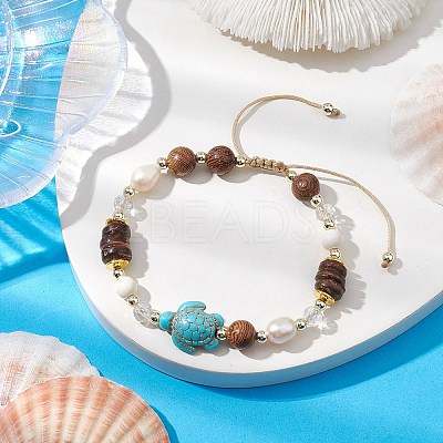 Adjustable Dyed Synthetic Turquoise & Coconut & Wood & Pearl Braided Bead Bracelets BJEW-JB10723-02-1