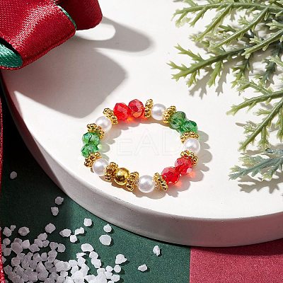 Glass & Imitated Pearl Acrylic Round Beads Finger Rings RJEW-JR00682-1