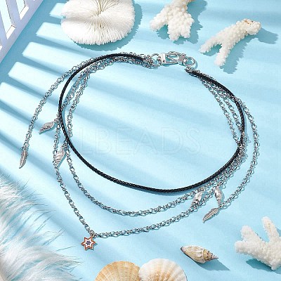 Summer 304 Stainless Steel Figaro Chain & Braided Leather Cord Chain Belts NJEW-C00034-1