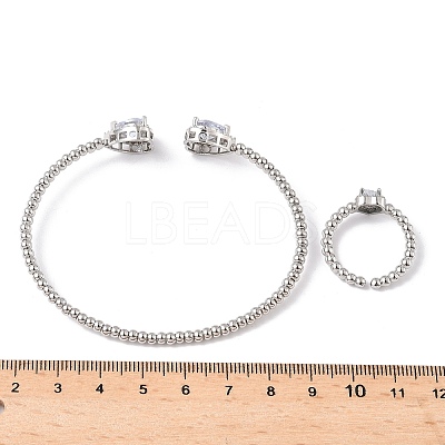 Heart Brass Micro Pave Cubic Zirconia Cuff Bangles & Rings Sets for Women SJEW-R002-05P-03-1