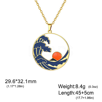 304 Stainless Steel Enamel Blue Sea Wave with Sun Pendant Necklaces for Women WGB8498-02-1