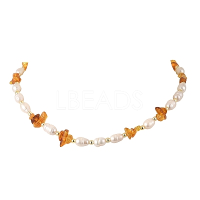 Natural Amber Chip & Rice Cultured Freshwater Pearl Beaded Necklaces for Women NJEW-JN06665-02-1