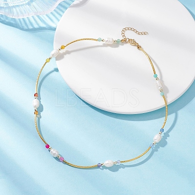 Natural Amethyst & Carnelian & Agate & Amazonite & Green Aventurine Faceted Round & Natural Pearl Rice & Brass Curved Tube Beaded Necklaces NJEW-JN05534-1