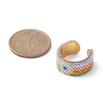 Glass Seed Beaded Evil Eye Open Cuff Rings RJEW-MZ00007-1
