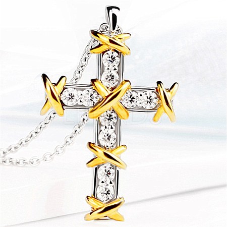 Cross Brass Clear Cubic Zirconia Pendants Necklaces SJEW-BB62539-B-1
