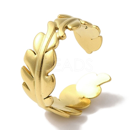 PVD Vacuum Plating 201 Stainless Steel Feather Open Cuff Rings for Women RJEW-C092-34G-1