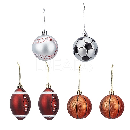 CHGCRAFT 6Pcs Football & Basketball & Baseball & Rugby Plastic Christmas Ball Pendants DIY-CA0003-20-1