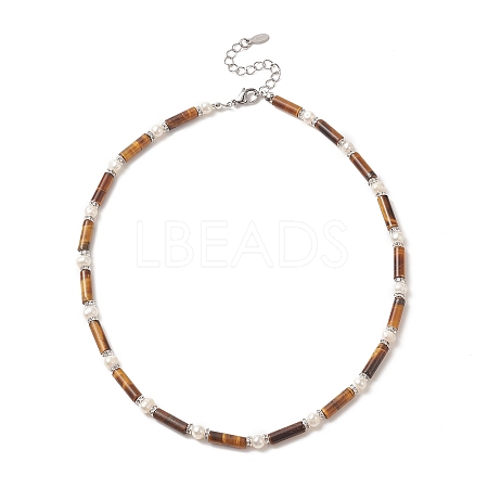 Natural Tiger Eye & Pearl & Crystal Rhinestone Beaded Necklace for Women NJEW-JN04209-03-1