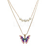 Alloy Enamel & Round Imitation Pearl Double Layered Butterfly Pendant Necklaces for Women WG304A4-01-3