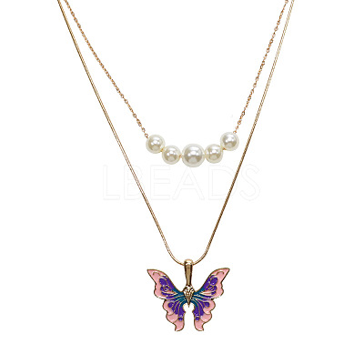 Alloy Enamel & Round Imitation Pearl Double Layered Butterfly Pendant Necklaces for Women WG304A4-01-1