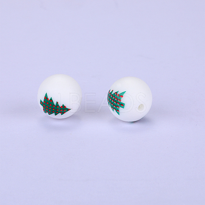 Christmas Printed Round with Christmas Tree Pattern Silicone Focal Beads LS-SI-JX0056A-120-1