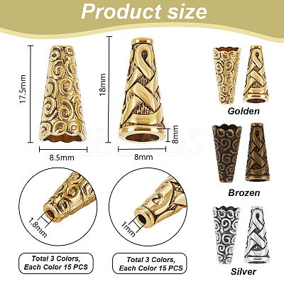90Pcs 6 Styles Tibetan Style Apetalous Alloy Bead Cone FIND-PH0021-18-1