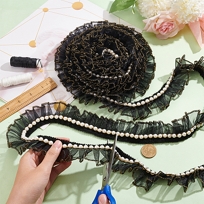 Chiffon Pleated Lace Ribbon with Plastic Beads OCOR-WH0078-62-1