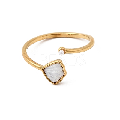304 Stainless Steel & Natural Shell & Imitation Pearl Cuff Rings for Women RJEW-G372-01G-07-1