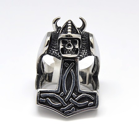 Personalized 304 Stainless Steel Skull with Thor's Hammer Wide Band Rings for Men RJEW-F018-05-1