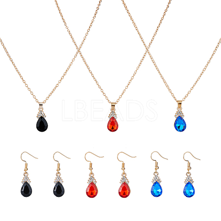 FIBLOOM 3 Sets 3 Colors Rhinestone Teardrop Dangle Earrings & Pendant Necklace SJEW-FI0001-27-1