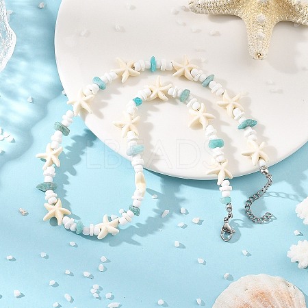 Ocean Natural Amazonite Chip & Natural White Shell Disc & Dyed Starfish Synthetic Turquoise Beaded Necklaces for Women NJEW-JN06390-1