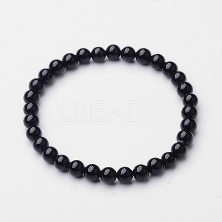 Natural Dyed & Heated Black Agate Round Beaded Stretch Bracelets BJEW-F202-02-1
