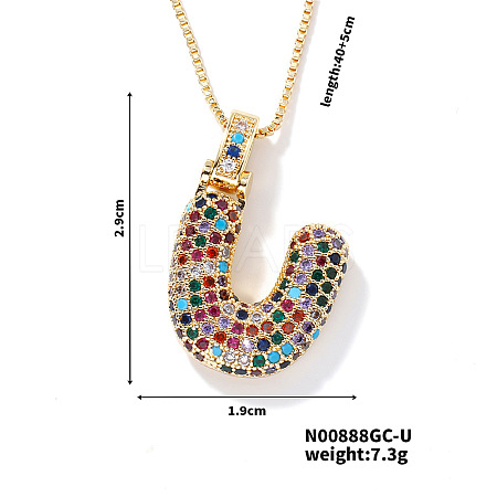 Brass Pave Colorful Cubic Zirconia Letter Pendant Box Chain Necklaces NU0575-21-1