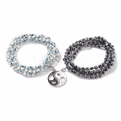 2Pcs 2 Color Lampwork Evil Eye & Glass Stretch Multi-strand Bracelets Set BJEW-JB08785-1