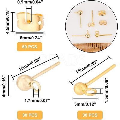 60pcs 2 size Brass Ball Stud Earring Post KK-PH0009-30-1