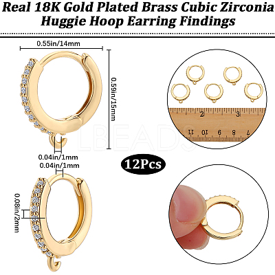 12Pcs Brass Micro Pave Clear Cubic Zirconia Huggie Hoop Earring Findings EJEW-BBC0001-25G-1