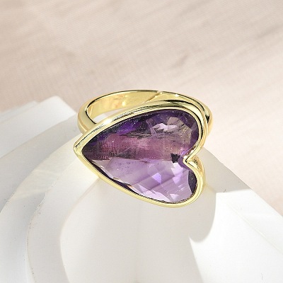 Heart Brass Natural Amethyst Finger Rings RJEW-D304-01G-A-1