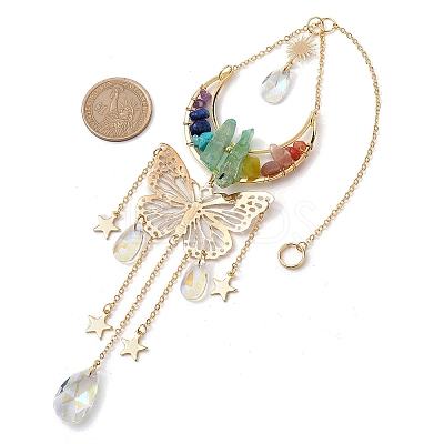 Butterfly & Moon Brass & 304 Stainless Steel Hanging Suncatchers HJEW-TA00162-1