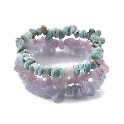 Chips Natural Larimar & Blue Lace Agate & Kunzite Beaded Stretch Bracelets Sets BJEW-JB05332-01-1