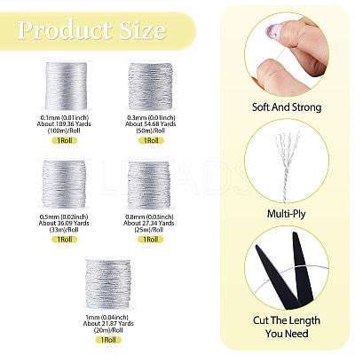5 Rolls 5 Sizes Round PET Metallic Thread MCOR-TA0001-02A-1