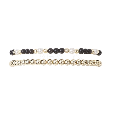2Pcs Natural Obsidian & Shell Pearl & Non-magnetic Synthetic Hematite Beaded Stretch Bracelets for Women BJEW-JB12938-01-1