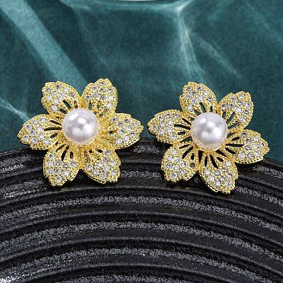 Flower Brass Micro Pave Clear Cubic Zirconia Stud Earrings EJEW-H158-04G-1