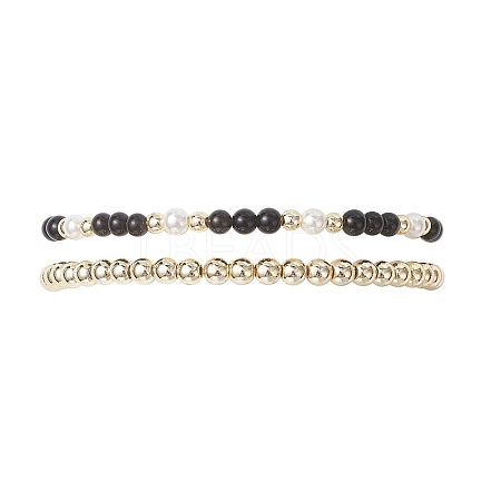 2Pcs Natural Obsidian & Shell Pearl & Non-magnetic Synthetic Hematite Beaded Stretch Bracelets for Women BJEW-JB12938-01-1