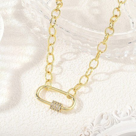 Brass Cable Chain Necklaces with Brass Micro Pave Clear Cubic Zirconia Oval Screw Carabiner Lock Charms NJEW-JN06422-1