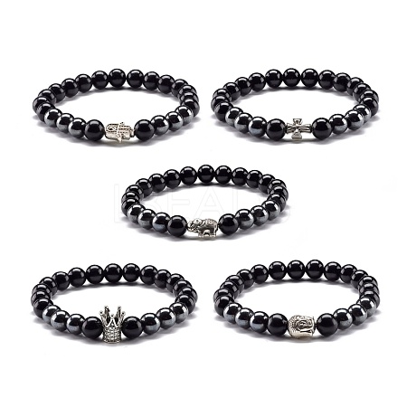 Natural Obsidian & Non-Magnetic Synthetic Hematite Round Beads Stretch Bracelet for Men Women BJEW-JB06968-1
